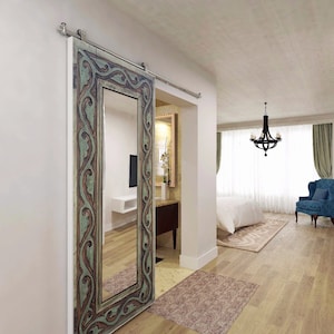 Hand Carved Mirror Barn Door: Rustic Vertical Wooden Mirror Frame, Bedroom, Bathroom, Laundry, Pantry