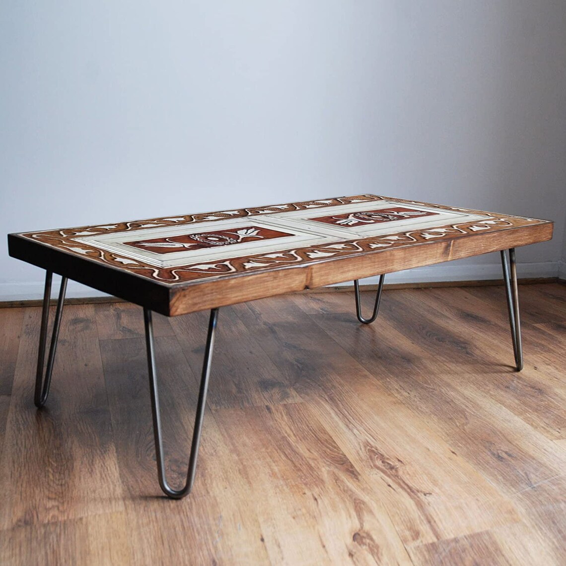 Handcarved Solid Wood Coffee Table Industrial Hairpin Leg Etsy Canada