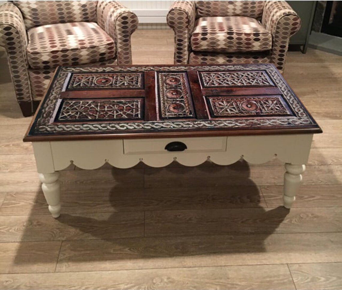 Hand Carved Boho Coffee Table Barn Wood Coffee Table Etsy