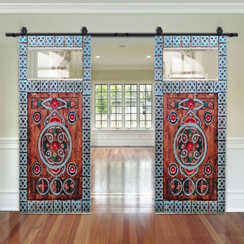 Handcarved Glass Barn Door Double Sliding Window Barn Doors Etsy