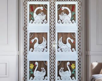 White Swan Hand-Carved Solid Wood Door, Farmhouse Barn Door, Interior/Exterior