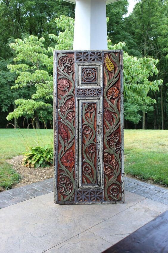Floral Carved Farmhouse Barn Door, Rustic Entrance Front Door, interior exterior Doors, Dining Table, Bed Headboard, Wood Wall Art Decor