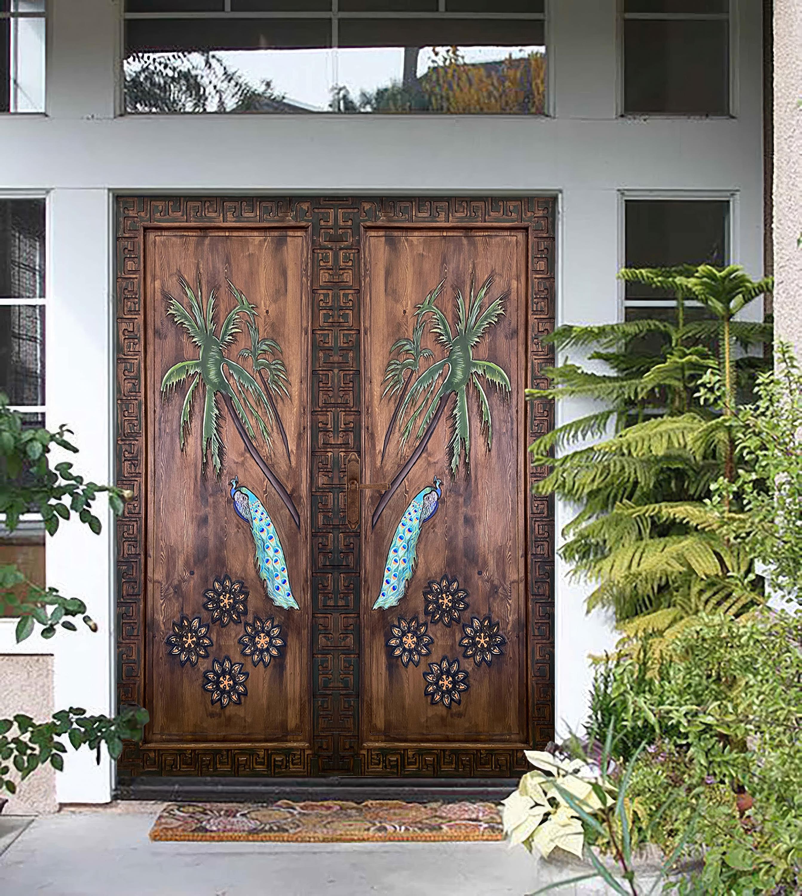 Op maat ontworpen binnen-, buitendeuren, handgesneden voordeuren met  palmboom en pauw, antiek, massief houten dubbel, enkele bijkeuken, kast -  Etsy België, image size:2685x2999