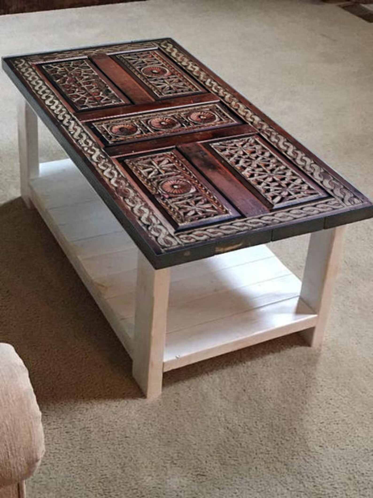 Hand Carved Boho Coffee Table Barn Wood Coffee Table Etsy