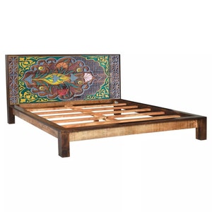 Custom Size Hand-Carved Solid Wood Bed Headboard, Boho King, Queen Headboards, Footboard, Wooden Bed, Rustic, Oriental Antique Furniture