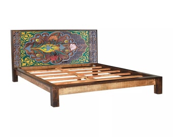 Handgeschnitztes Bettkopfteil aus massivem Holz in Sondergröße, Boho-Kopfteil für King-Size-Bett, Kopfteil für Queen-Size-Bett, Fußteil, Holzbett, rustikale, orientalische antike Möbel