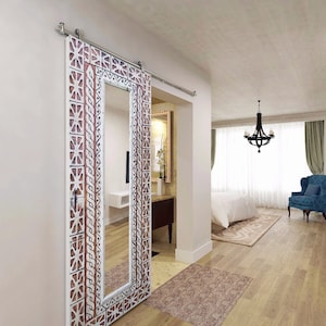 Hand Carved Mirror Barn Door, Rustic Solid Wood Antique Doors, Double or Single Sliding Solid Wood Antique Vertical Wooden Mirror Frame