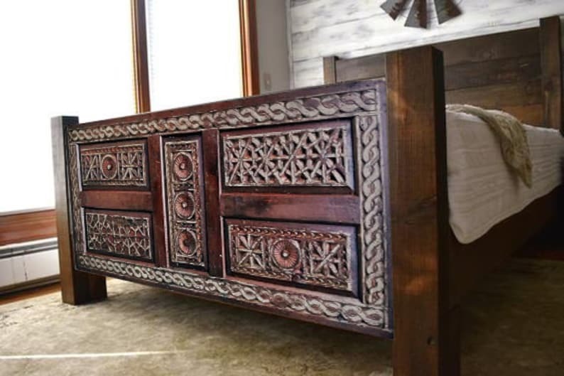 Solid Wood Bed Frame Carved Headboard Footboard Rustic King Etsy