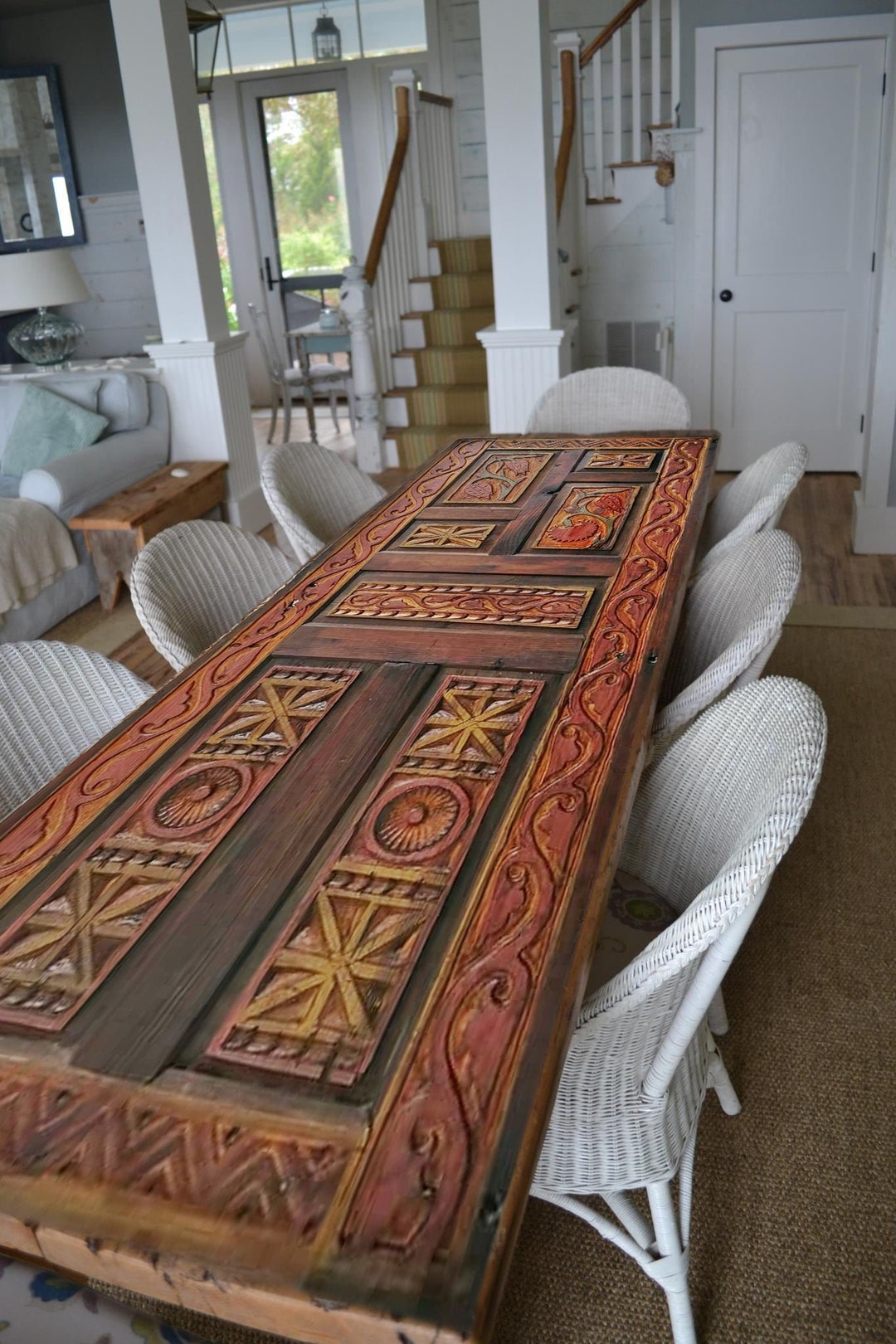 Hand-carved Solid Wood Dining Table, Rustic Barn Wood Edge Table