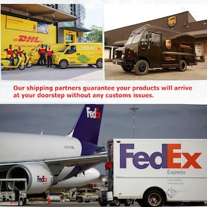 May include: Image showing DHL, UPS, and FedEx vehicles and aircraft. Yellow DHL vans and scooters are visible, along with staff. A brown UPS truck is also shown. A FedEx plane and truck are also present. Text reads: "Our shipping partners guarantee your products will arrive at your doorstep without any customs issues."