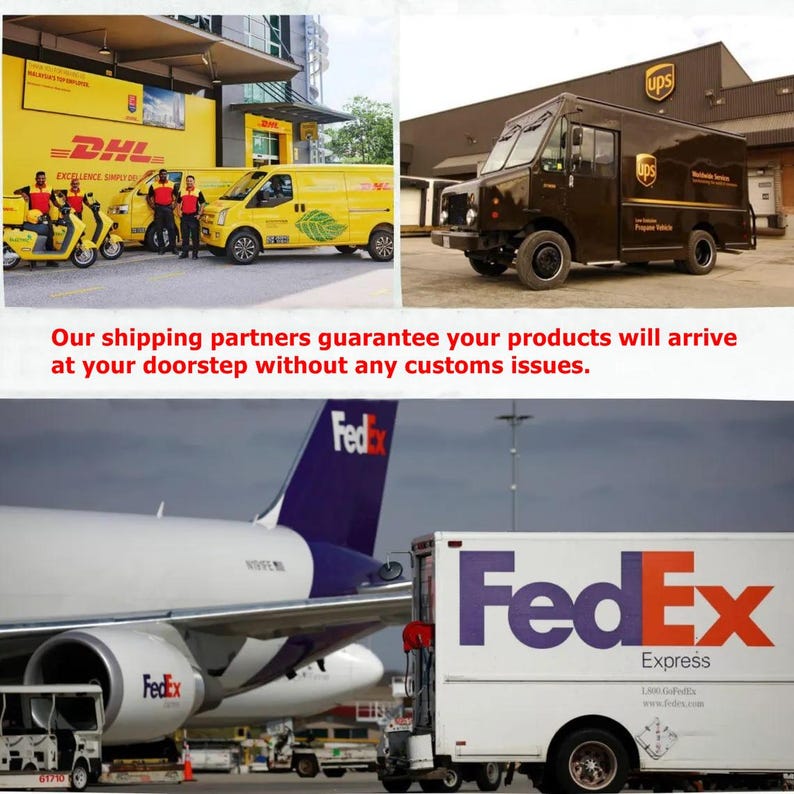 May include: Image showing DHL, UPS, and FedEx vehicles and aircraft. Yellow DHL vans and scooters are visible, along with staff. A brown UPS truck is also shown. A FedEx plane and truck are also present. Text reads: "Our shipping partners guarantee your products will arrive at your doorstep without any customs issues."