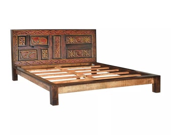 Hand-Carved Wood Headboard: Rustic Bohemian Bedroom Decor