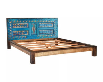 Hand-Carved Solid Wood Bed Headboard: Rustic Boho Bedroom Furniture