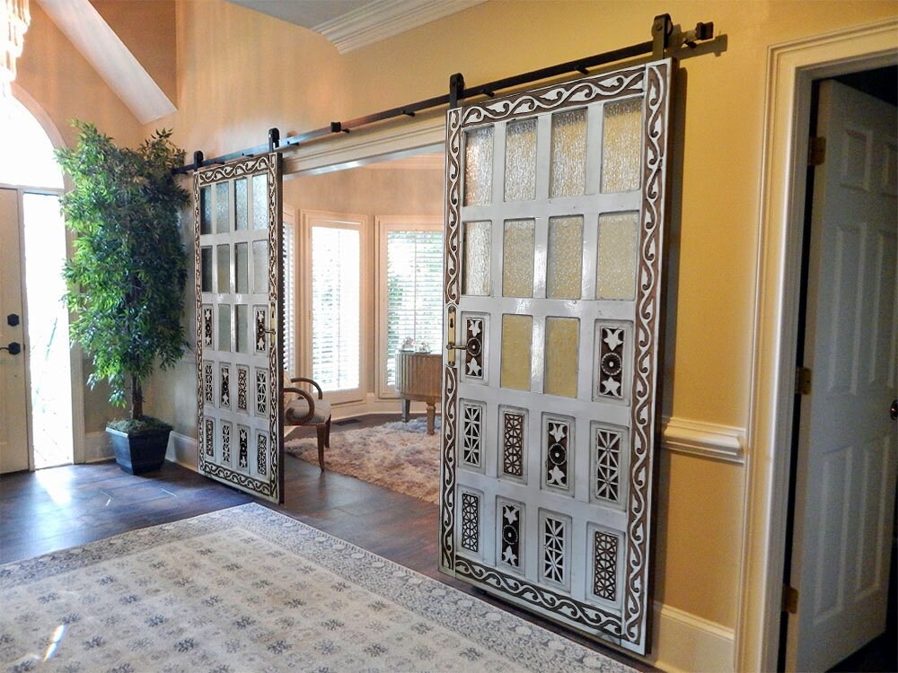 Vintage French Glass Barn Door Hand Carved Double Sliding Polska Vintage French Glass Barn Door Hand, Indoor Double Sliding Doors