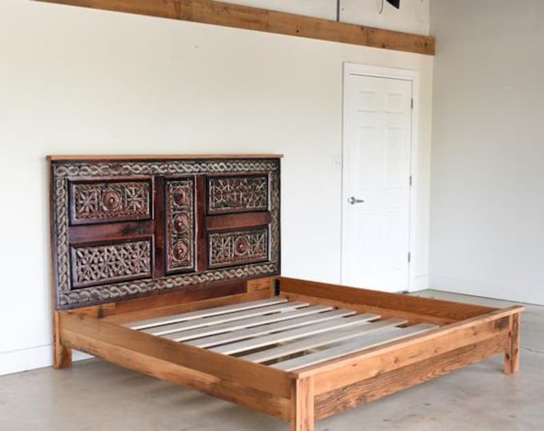 Solid Wood Bed Frame Carved Headboard Footboard Rustic King Etsy