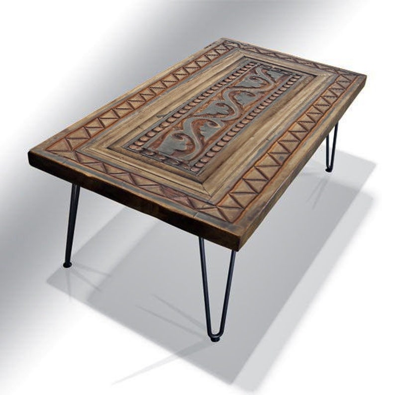 Handcarved Solid Wood Coffee Table Hairpin Legs Wooden Etsy