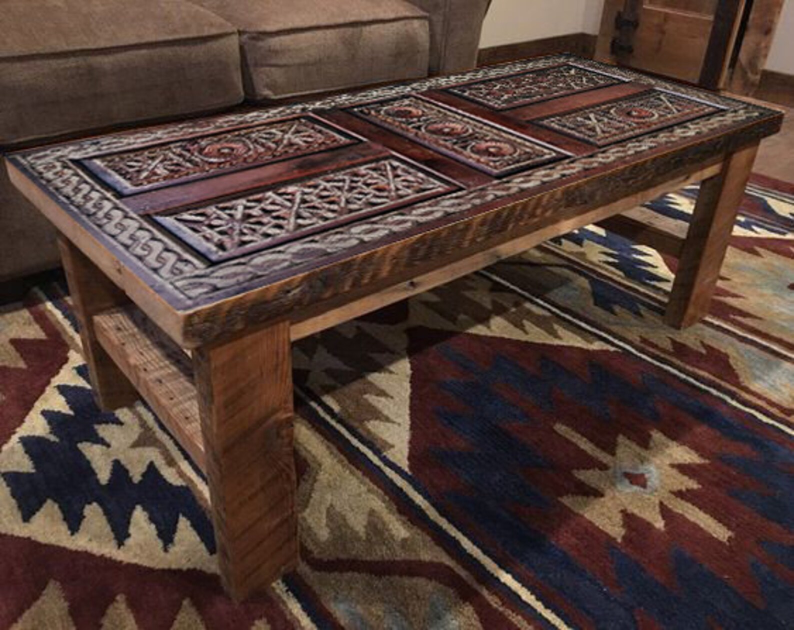 Hand Carved Boho Coffee Table Barn Wood Coffee Table Etsy