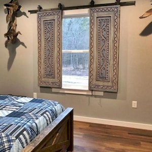 Hand-carved Rustic Wood Shutters - Indoor or Outdoor Exterior Decorative Wood Shutters - Sliding Barn Door Style Shutters - Window Doors