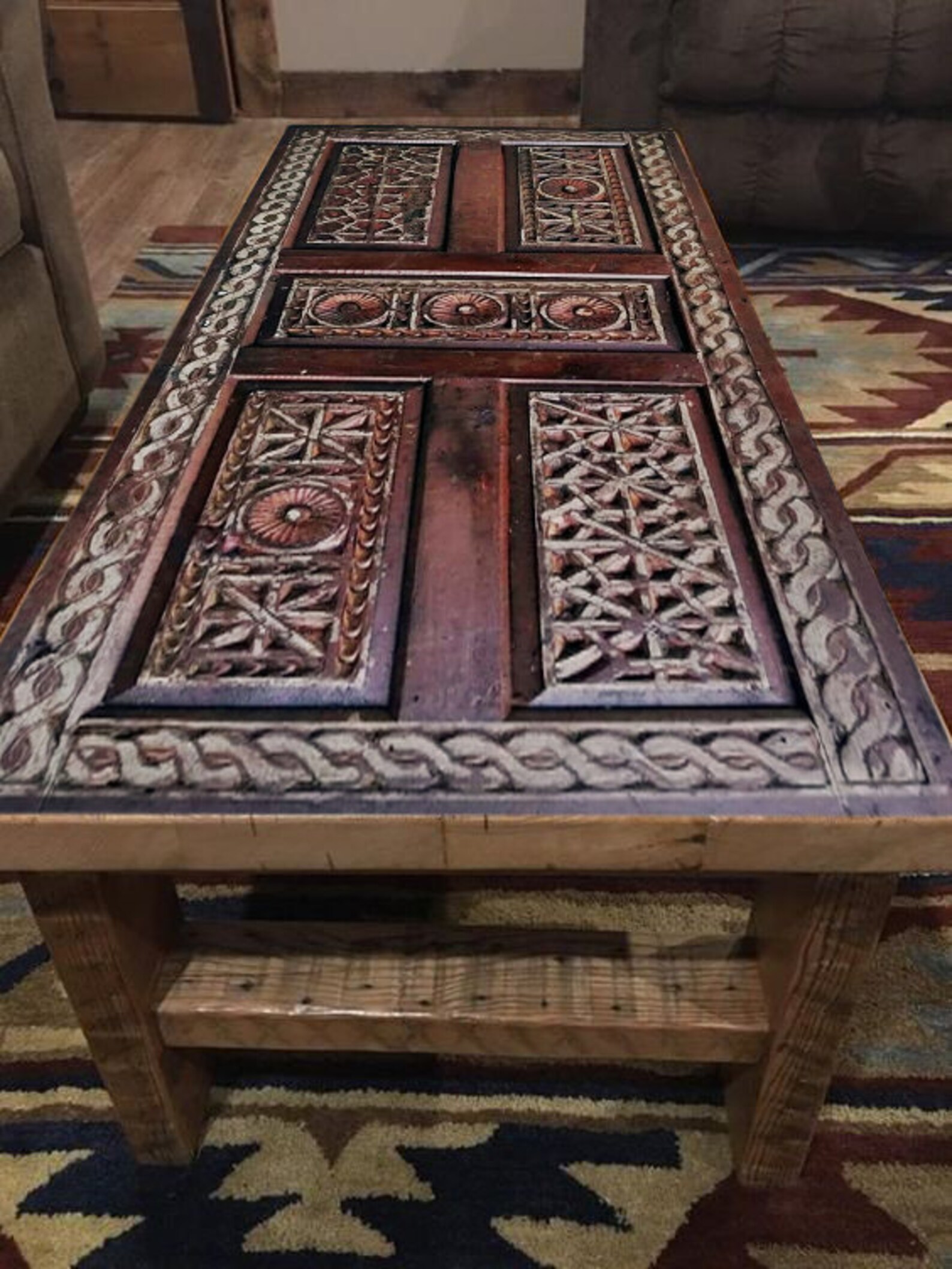 Hand Carved Boho Coffee Table Barn Wood Coffee Table Etsy