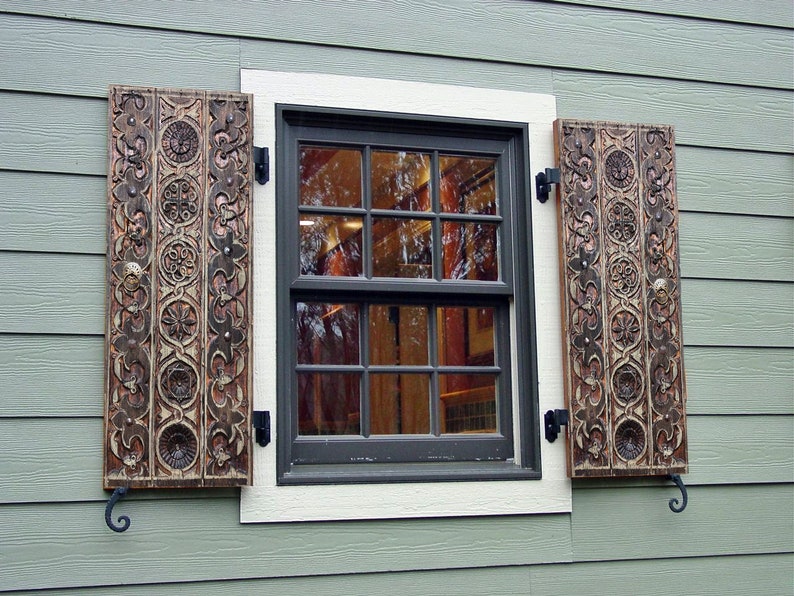 Rustic Wood Window Shutters Handcarved Indoor Outdoor Etsy