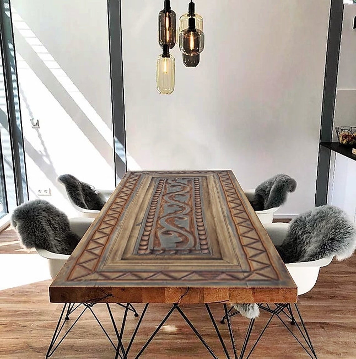 Handcarved Solid Wood Dining Table Custom size Rustic Barn Etsy