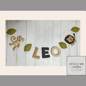 Ghirlanda personalizzata con tema safari nella giungla / Striscione in feltro con nome personalizzato con animali della giungla / Ghirlanda con nome nella giungla / Decorazioni per cameretta dei bambini in stile safari