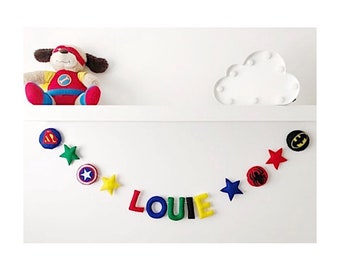 Super Hero Name Felt Garland, Super Hero Bunting, Nursery Decor, Child's Bedroom Decor.