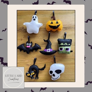 Felt Halloween Tree Decorations – Hanging Ornaments with Satin Ribbon | Skull, Spider, Pumpkin, Ghost, Frankenstein, Cat, Bat, Witches Hat