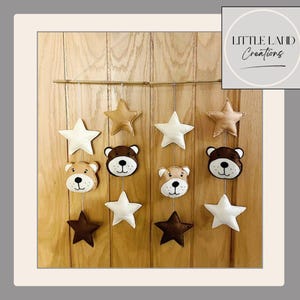Felt Teddy Bear Wall Hanging |  Brown & Beige Nursery Decor with Stars | Handmade Baby Room Mobile | Teddy Bear Nursery Decor