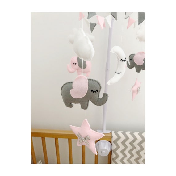Cuna móvil para bebé móvil musical móvil - Elefante floral móvil en rosa