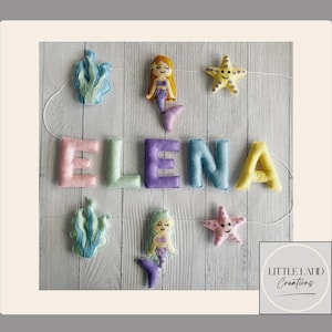 Personalised Mermaid Felt Name Garland | Pastel Nursery Decor with Starfish, Sea Plants & Custom Name | Ocean Theme Gift | Sealife Garland