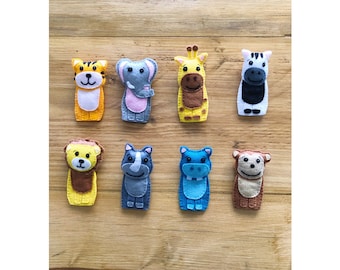 Safari Tiere Fingerpuppen, handgemachte Filzpuppen, handgemachtes Spielzeug.