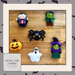 ハロウィンフェルト指人形 – 吸血鬼、フランケンシュタイン、魔女、カボチャ、幽霊、クモ | 手作り人形おもちゃ | ロールプレイおもちゃ