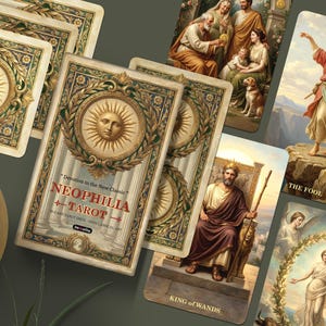 Puede incluir: Una baraja de cartas del tarot Neophilia con ilustraciones de arte clásico. Las cartas presentan un diseño de sol y el texto "Neophilia Tarot". Otras cartas muestran figuras y las palabras "The Fool" y "King of Wands".