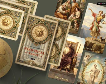 May include: A deck of Neophilia Tarot cards with classical art illustrations. The cards feature a sun design and the text "Neophilia Tarot". Other cards show figures and the words "The Fool" and "King of Wands".