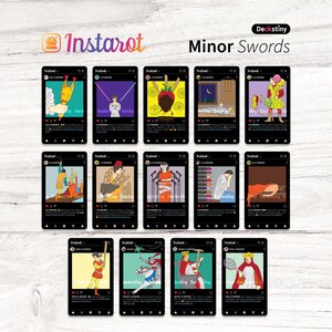 K&ouml;nnte beinhalten: Eine Sammlung von Tarotkarten, die als Social-Media-Posts dargestellt werden. Die Karten zeigen farbenfrohe Illustrationen mit dem Text "Instarot" und "Minor Swords". Jede Karte hat ein einzigartiges Design.