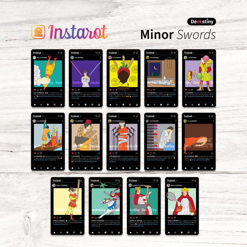 K&ouml;nnte beinhalten: Eine Sammlung von Tarotkarten, die als Social-Media-Posts dargestellt werden. Die Karten zeigen farbenfrohe Illustrationen mit dem Text "Instarot" und "Minor Swords". Jede Karte hat ein einzigartiges Design.