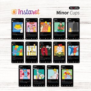K&ouml;nnte beinhalten: Eine Sammlung von Instarot-Tarotkarten mit Illustrationen im Social-Media-Stil. Die Karten sind schwarz mit farbenfrohen Bildern und dem Text "Minor Cups". Jede Karte hat ein einzigartiges Design, einschlie&szlig;lich Personen, Objekte und Symbole.