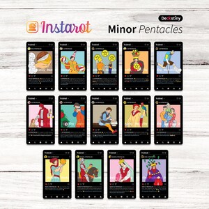 K&ouml;nnte beinhalten: Eine Sammlung von Tarotkarten, die als Social-Media-Posts dargestellt werden. Die Karten zeigen farbenfrohe Illustrationen mit dem Text "Instarot" und "Minor Pentacles". Jede Karte hat ein einzigartiges Design, mit dem Logo "Deckstiny".