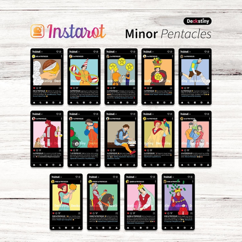 K&ouml;nnte beinhalten: Eine Sammlung von Tarotkarten, die als Social-Media-Posts dargestellt werden. Die Karten zeigen farbenfrohe Illustrationen mit dem Text "Instarot" und "Minor Pentacles". Jede Karte hat ein einzigartiges Design, mit dem Logo "Deckstiny".