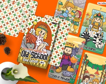 May include: A set of tarot cards with colorful cartoon illustrations. The cards feature a variety of characters and scenes, including a king on a throne, a chariot, and a woman riding a horse. The cards are part of the Old School Vivid Edition tarot deck.