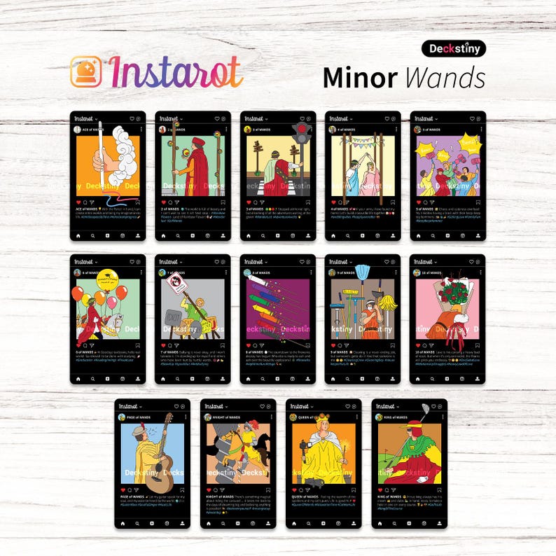 K&ouml;nnte beinhalten: Eine Sammlung von Instarot-Tarotkarten mit der Serie "Minor Wands". Jede Karte zeigt eine einzigartige Illustration mit leuchtenden Farben und einem schwarzen Rand. Das Instarot-Logo und das Deckstiny-Branding sind sichtbar.