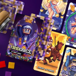 May include: A set of 78 tarot cards with a Minecraft theme. The cards feature pixelated characters and objects in a purple, yellow, and blue color scheme. The cards are labeled "Mindcraze" and feature the text "78 Tarot Cards".