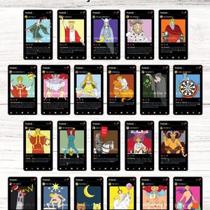 K&ouml;nnte beinhalten: Eine Sammlung von Instarot Major Arcana Tarotkarten, jede mit einzigartigen Illustrationen in einem Social-Media-Format. Die Karten zeigen verschiedene Figuren und Symbole, mit dem "Instarot"-Logo oben und dem "Deckstiny"-Logo unten.