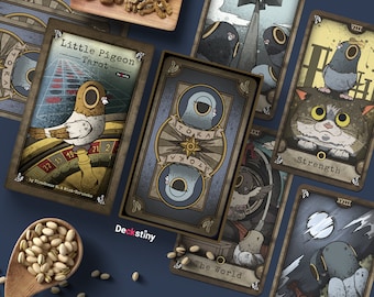 May include: A set of tarot cards featuring illustrations of pigeons and other animals. The cards are in a vintage style with a brown and blue color scheme. The cards are titled "Little Pigeon Tarot" and feature the text "TORA" and "Strength".