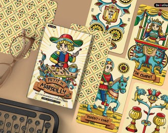 May include: A deck of "Petit de Marseille" tarot cards with colorful illustrations. The cards feature images of figures, symbols, and text, including "The Chariot" and "Knight of Coins". The deck is accompanied by a patterned card and a pair of glasses.