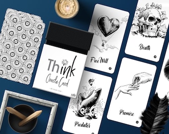 Puede incluir: Un juego de cartas de oráculo en blanco y negro con ilustraciones y texto. Las cartas incluyen imágenes de un globo aerostático en forma de corazón, una calavera, un tiburón y dos manos sosteniendo un anillo. El texto en las cartas incluye "Libre Albedrío", "Muerte", "Depredador" y "Promesa".