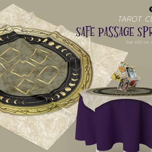 May include: A gold and black tarot cloth with a circular design featuring moons and a safe passage spread with five card positions. The cloth is 100 cm by 100 cm and is laid out on a table with a purple tablecloth.