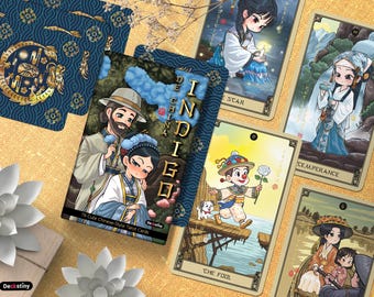May include: A collection of tarot cards with Chinese-style illustrations. The cards feature colorful artwork with characters in traditional attire. The deck includes cards with titles like "The Star" and "The Fool". The card backs have a blue and gold floral design.