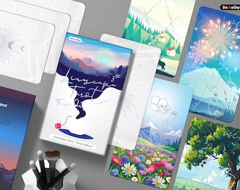 May include: A box of tarot cards with a blue, white, and pink design. The box features the text "Linescape Tarot" and "Time Edition". The cards feature a variety of illustrations, including a mountain range, a field of flowers, and a tree.